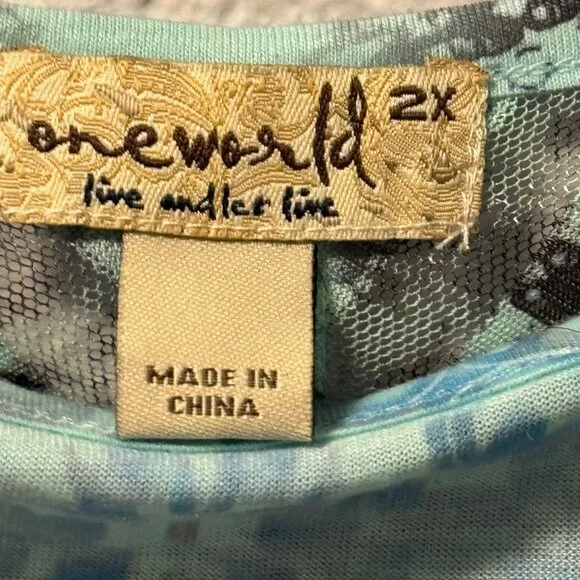 One World blouse Sz 2X Blue & Green Printed Top with overlay part blouse. NWT - Picture 2 of 11